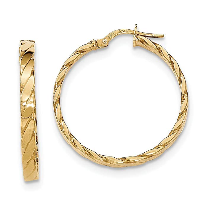 14k Gold Hollow Tube Textured Hoop Earrings with Click-Top (1.2