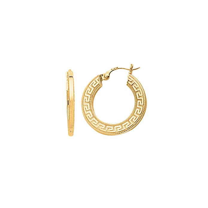 JewelStop 14k Real Yellow Gold Greek Key Hoop Earrings, 2.3gr.