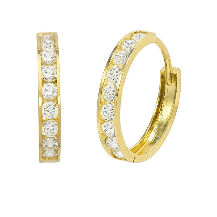 14K Yellow Gold Round Cut Cubic Zirconia Channel Set Huggie Hoop Earrings