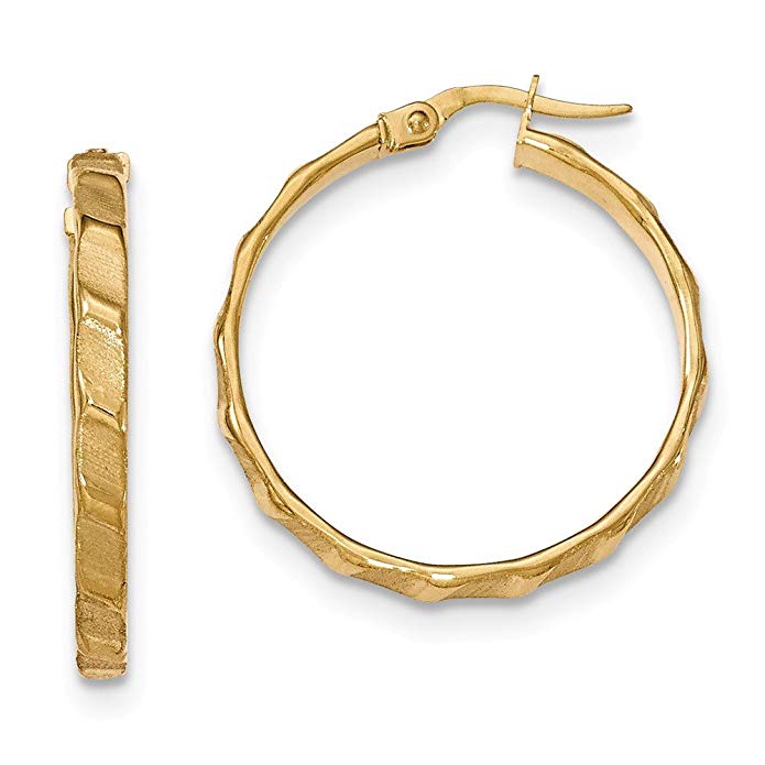 3 mm Satin and Polished Hoop Earrings in Genuine 14k Yellow Gold - 20 to 30mm