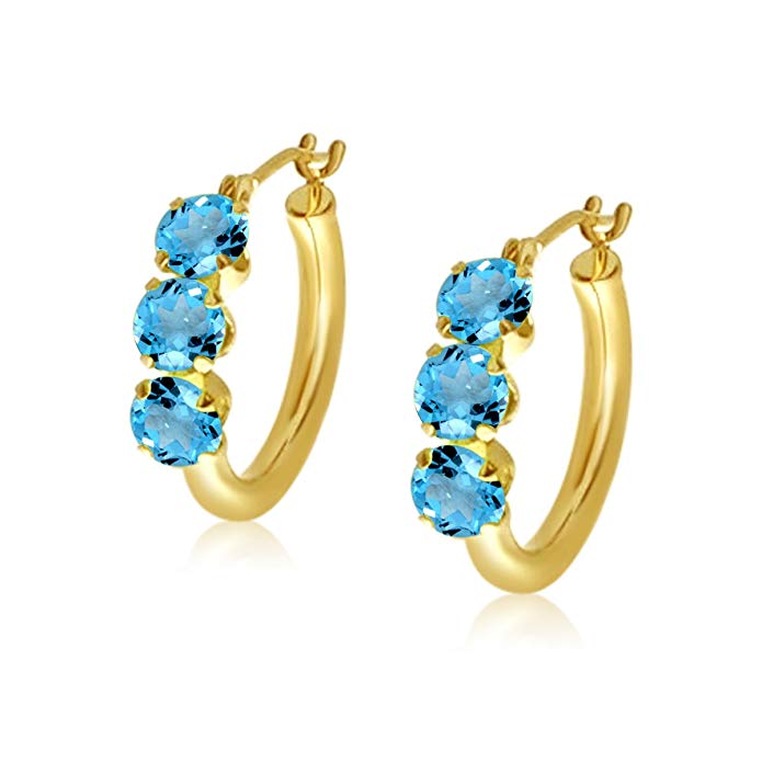 10k Yellow Gold 4mm Round Shape Natural Blue Topaz 3-Stone Hoop Earrings