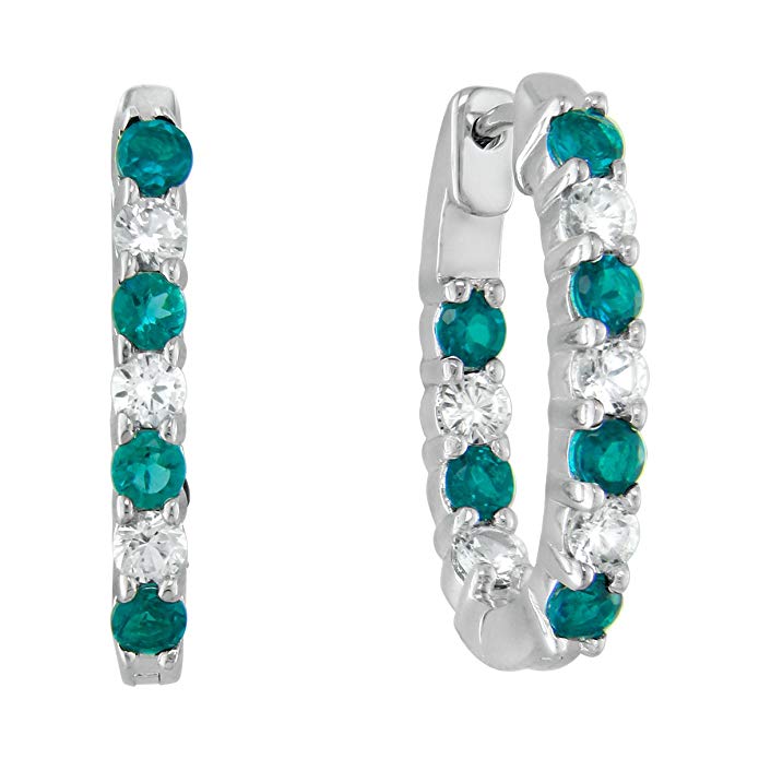 Lab-created Emerald and White Sapphire Sterling Silver Inside-out Oval Hoop Earrings