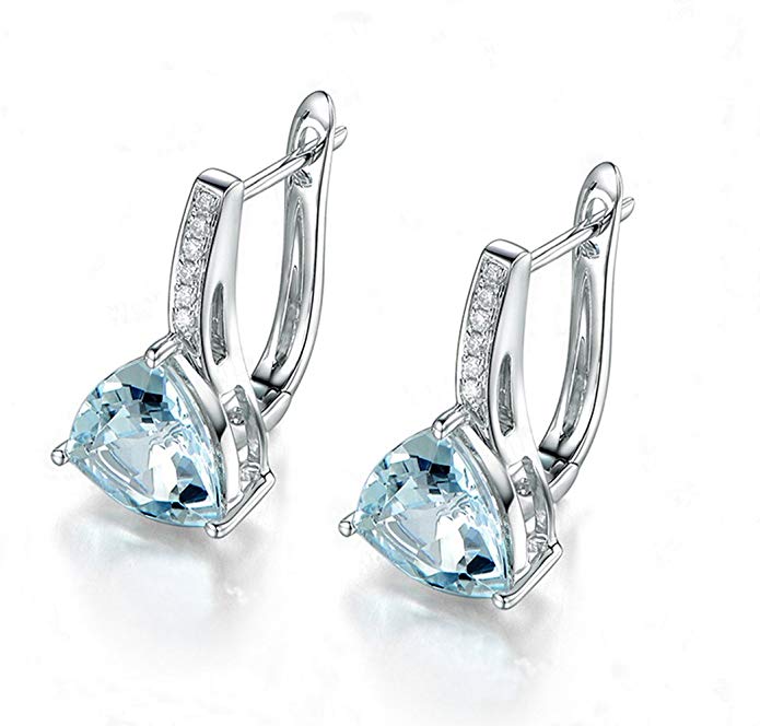 1.8ct Natural Trillion Cut Aquamarine Solid 14k White Gold Women Diamond Hoop Earrings Triangle