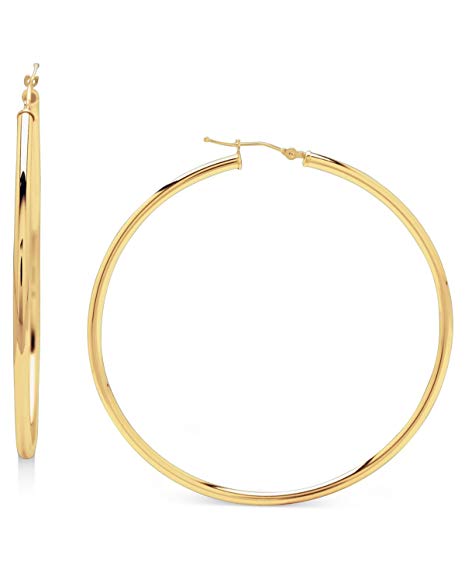 14k Yellow Gold Classic Shiny Polished Round Hoop Earrings, 2mm tube