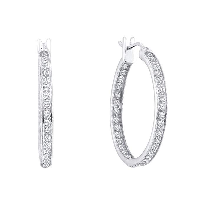 14k White Gold Two Double Sided Back and Front Round Diamond Classic Hoop Huggie Earrings - 18mm Height 2mm Width (1/4 cttw)