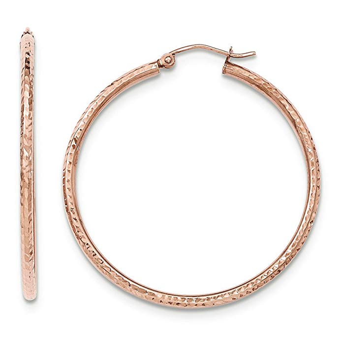 2mm x 40mm 14k Rose Gold Diamond-Cut Round Hoop Earrings