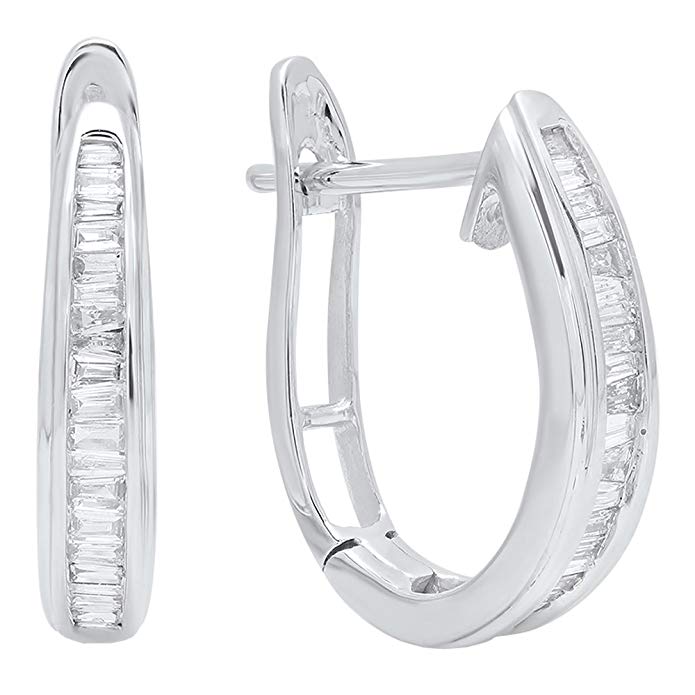 0.20 Carat (ctw) 10K White Gold Baguette Cut Diamond Ladies Hoop Earrings 1/5 CT