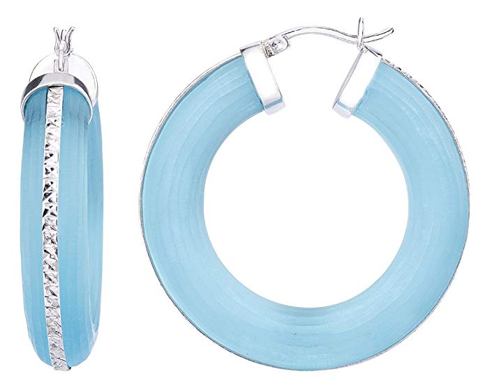 G&H Hand Crafted Blue Lucite Silver Click-Top Hoop Earrings with Rhodium Diamond Cut