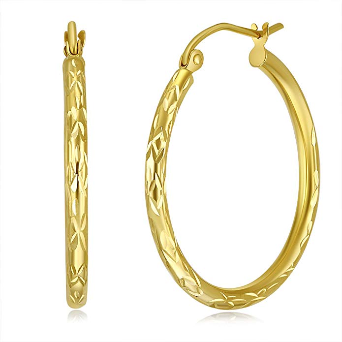 Wellingsale Ladies 14k Yellow Gold Diamond Cut Polished 2mm Hinged Hoop Earrings (20 x 20 mm)