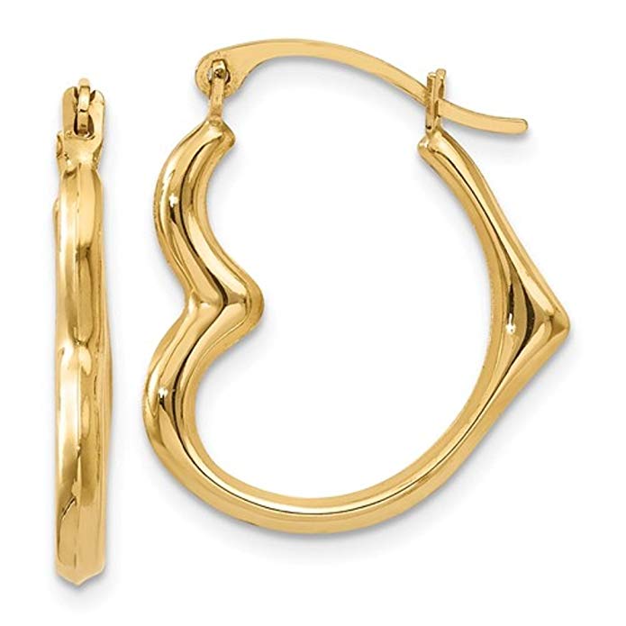 14K Gold Heart-Shaped Hoop Earrings (2mm Thick), 16mm (0.60 In) & 18mm (0.71 inch)