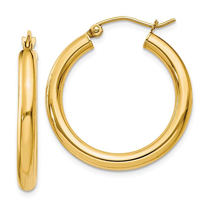 14k Yellow Gold Polished 3mm Round Hoop Earrings (25mm Diameter)