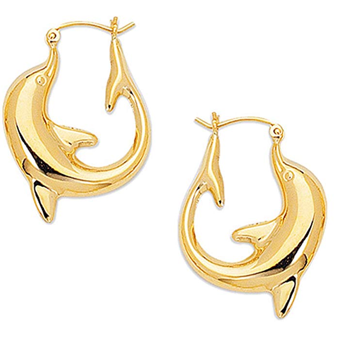 JewelStop 14k Yellow Gold Dolphin Hoop Earrings - 15 mm X 20 mm, 1.5gr.