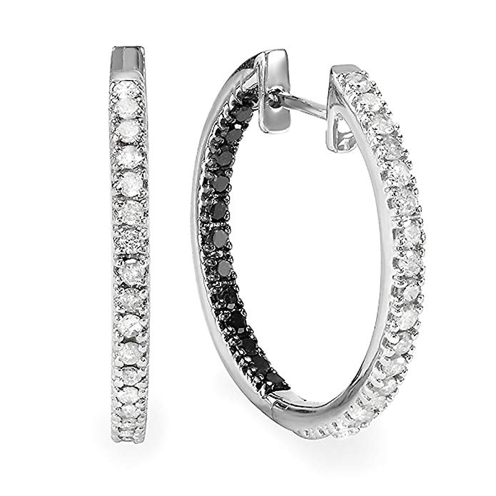 1.00 Carat (ctw) Sterling Silver Black & White Round Diamond Ladies Hoop Earrings 1 CT