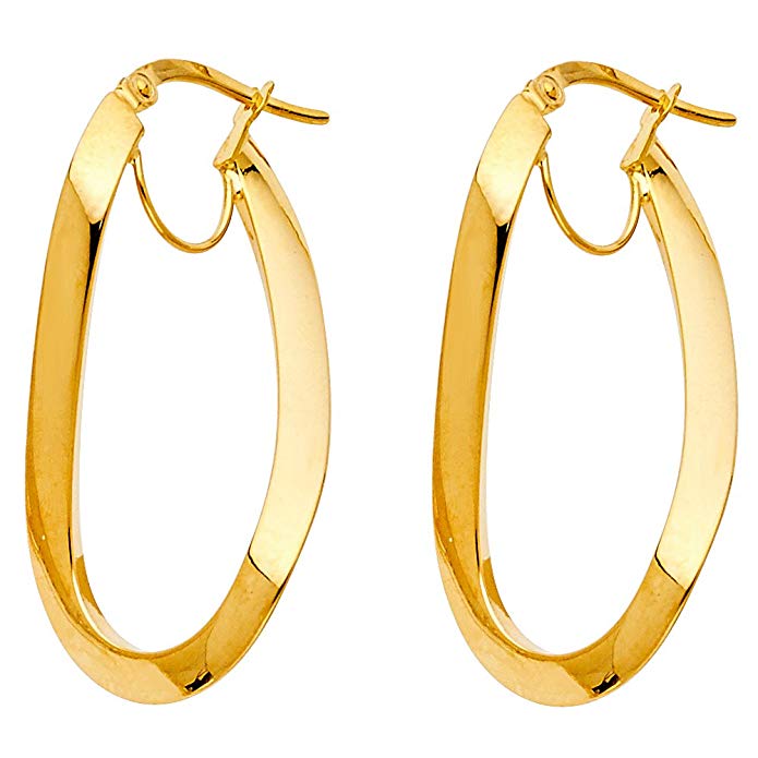 14k Yellow Gold Oval Shape Warped Design Hinged Hoop Earrings (29 x 17 mm)