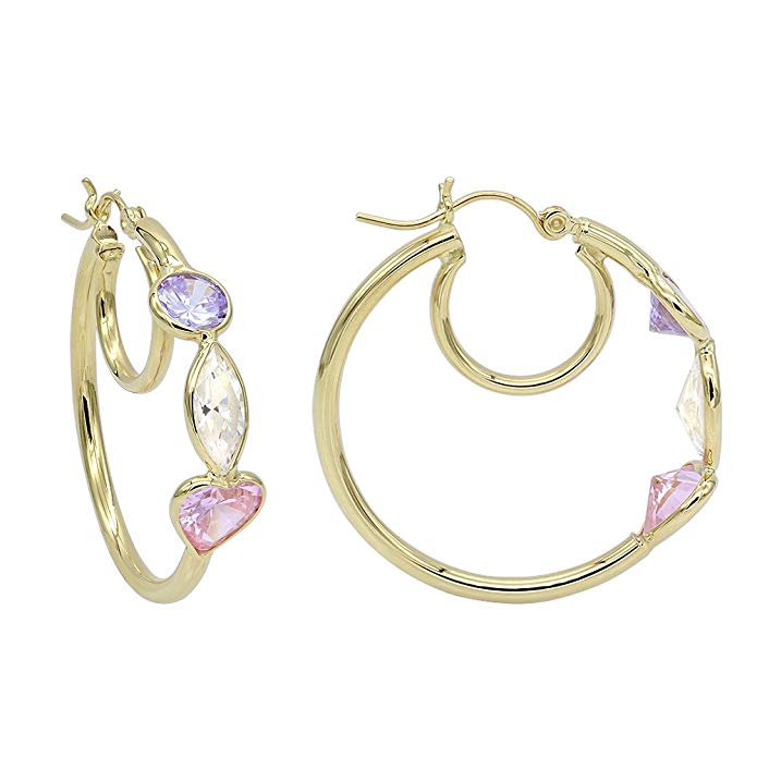 Luxurman Aleksa Earrings 14k Yellow Gold Heart, Marquise, Pear Cubic-Zirconia White,Pink,Violet CZ Hoops