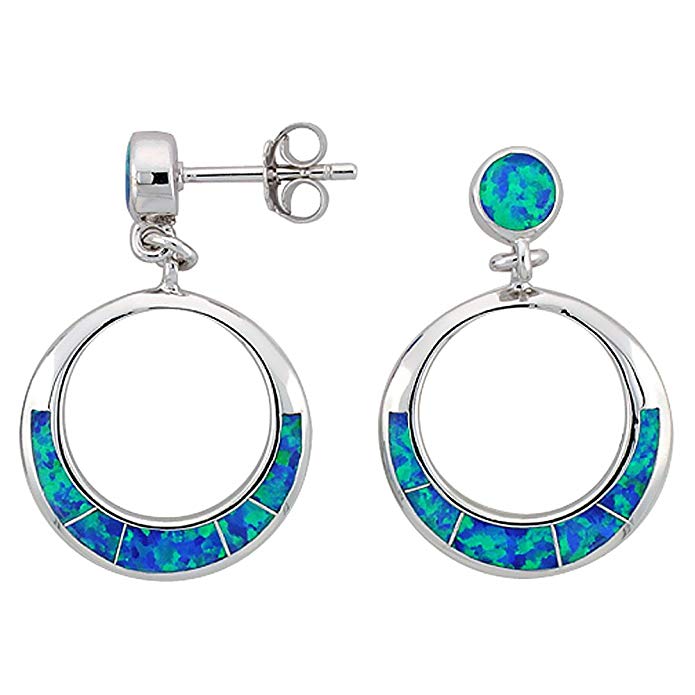 Sterling Silver Synthetic Opal Circle Earrings, 3/4 inch diameter