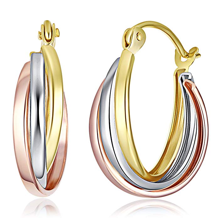 Wellingsale Ladies 14k Tri 3 Color Gold Polished Fancy Hoop Earrings (14mm Diameter)