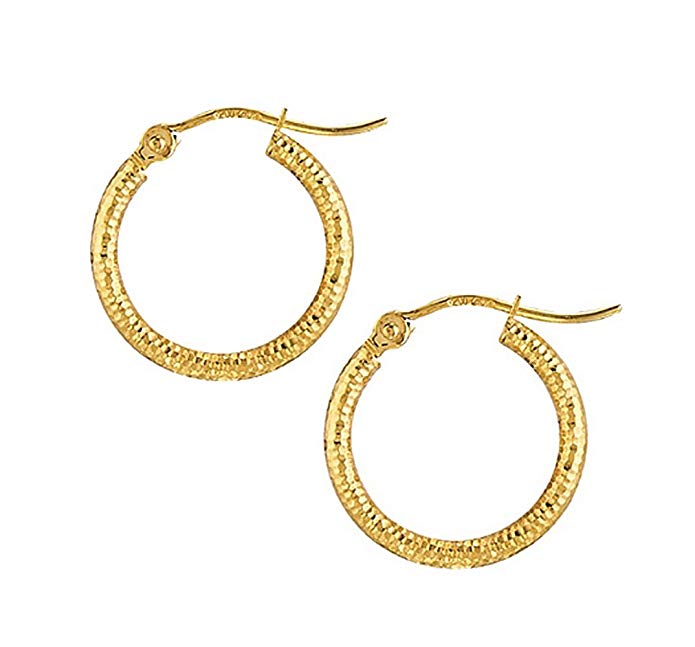 14K Yellow Gold Diamond Cut Textured Hoop Earrings, (2mm Tube)