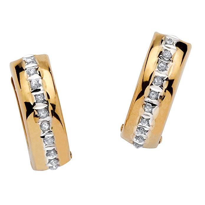 14K Yellow Gold Diamond Cut Diamond Fascination Huggie Hoop Earrings (13mm) Diamond Accent