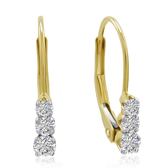 AGS Certified 1/4ct Three Stone Diamond Leverback Earrings in 10K Gold