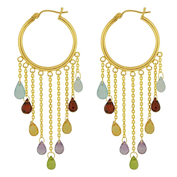 14k Yellow Gold, Hoop Dangling Earring with Colorful Created CZ Crystals