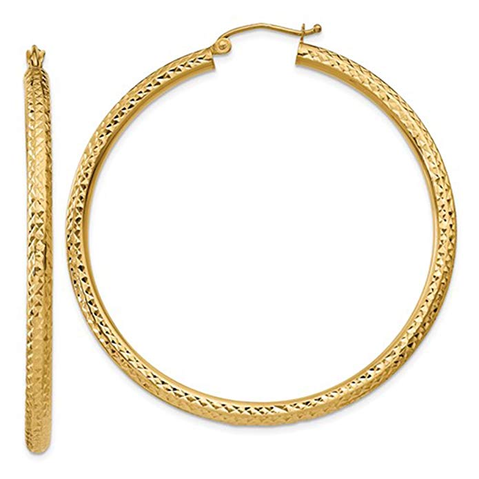 14K Yellow Gold Thick Diamond Cut Hoop Earrings, (3mm Tube)