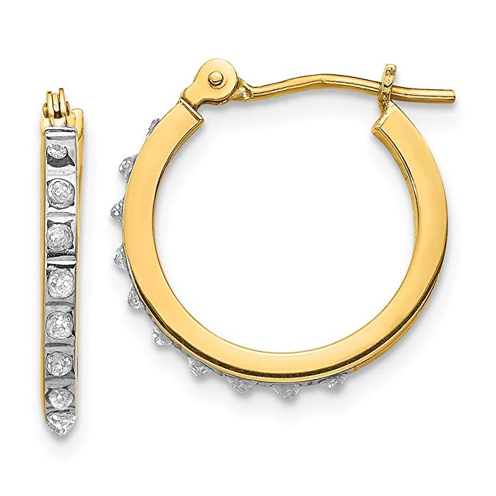 14K Yellow Gold Diamond Fascination 15mm Small Hinged Leverback Hoop Earrings