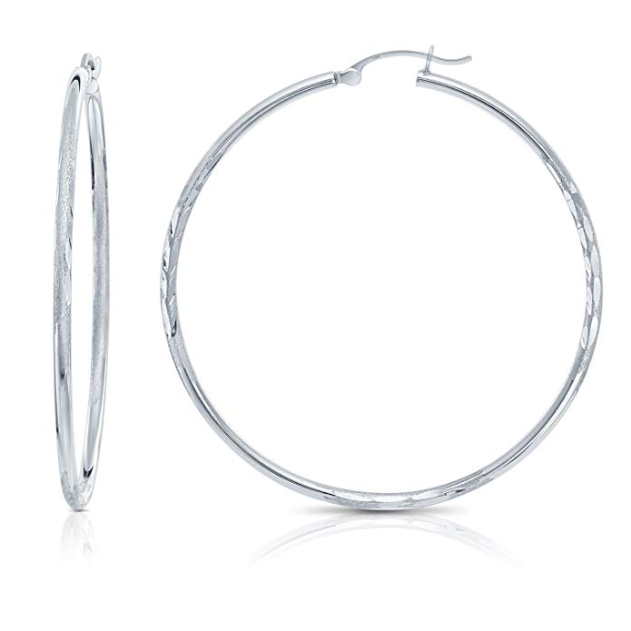 MCS Jewelry 14 Karat White Gold Round Hoop Earrings with Design (Diameter: 50mm)