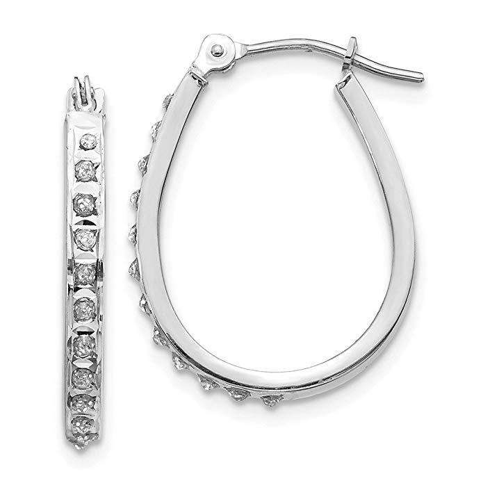 14K White Gold Diamond Oval Hinged Hoop Earrings