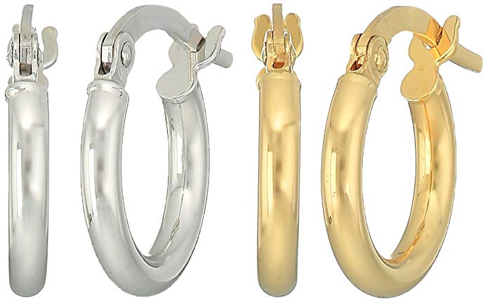 14k White and Yellow Gold Italian 2mm High Polished Hoop Earrings