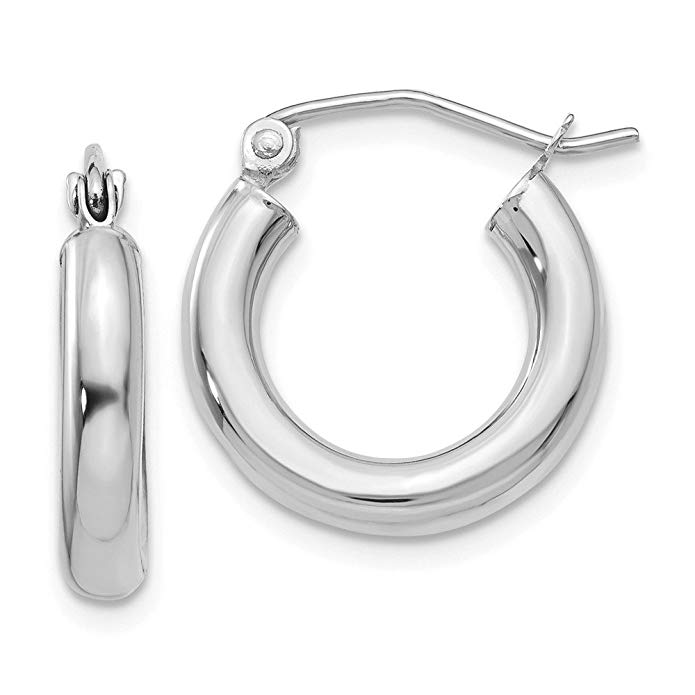 14k White Gold 3mm Round Hoop Earrings (15mm Diameter)