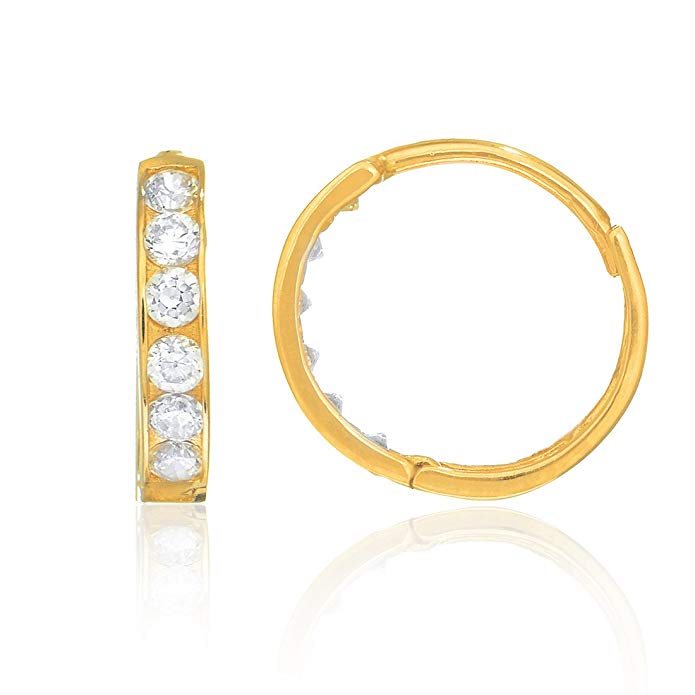 14K Solid Yellow Gold Huggie Hoops 2x13 Mm Cubic Zirconia Channel Set Earrings