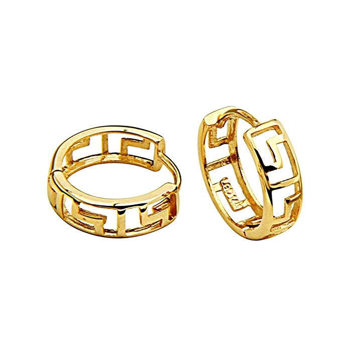 14k Yellow Gold 4mm Thickness Greek Key Huggie Earrings (12 x 12 mm)