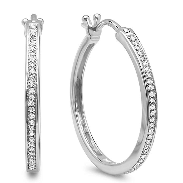 0.20 Carat (ctw) Sterling Silver Round White Diamond Ladies Hoop Earrings 1/5 CT