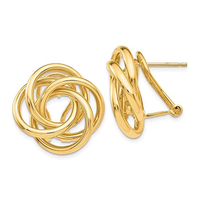 14k Yellow Gold Love Knot Tube Omega Back Earrings (0.8IN x 0.8IN )