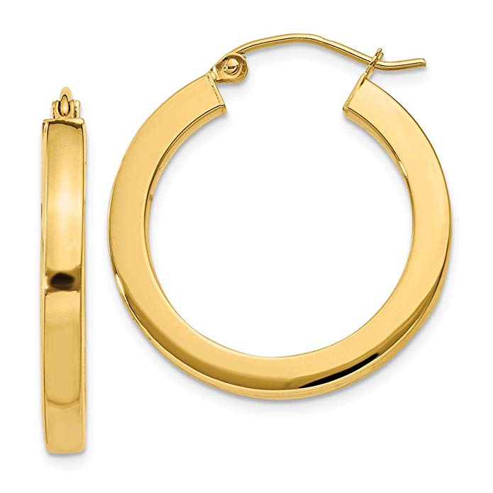 14k Yellow Gold 3mm Polished Square Hoop Earrings. 25mm Diameter.