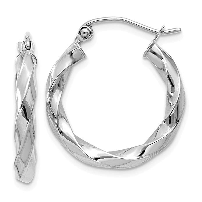 3 mm Polished Twisted Hoop Earrings in Genuine 14k White Gold - 15 to 36mm