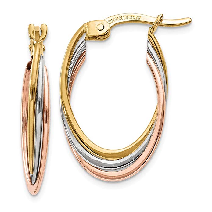 14k Tri-color Gold Polished Oval Hoop Earrings