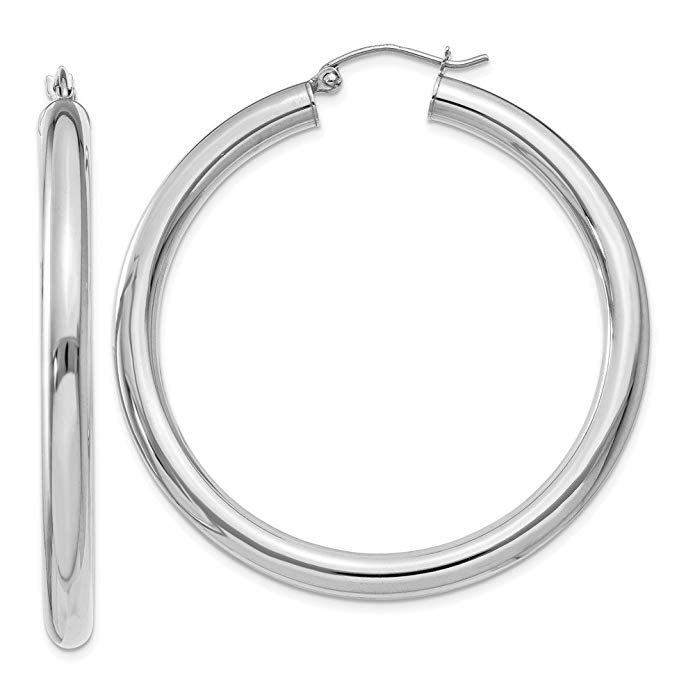 14k White Gold Polished 4mm Lightweight Round Hoop Earrings (1.5IN Long)