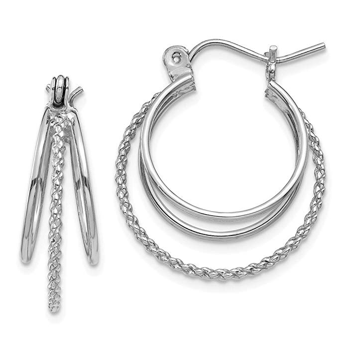 14K White Gold Polished and Textured Circle Hoop Earrings (0.75 in x 0.71 in)