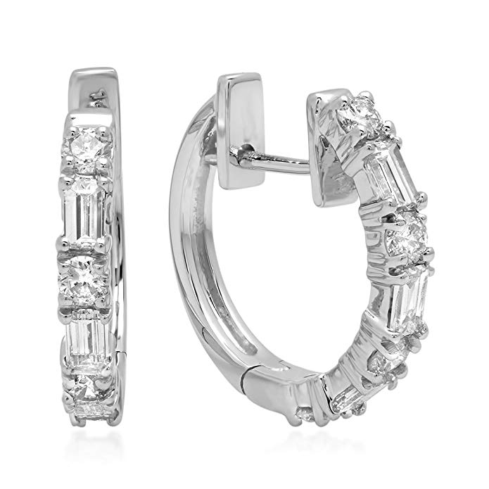 0.45 Carat (ctw) 14K White Gold Round & Baguette White Diamond Ladies Huggies Hoop Earrings 1/2 CT