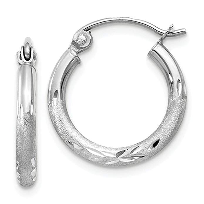 Small 14k White Gold Satin and Engraved Hoop Earrings with Click-Down Clasp, 0.6 Inch (15mm) (2mm Tube)