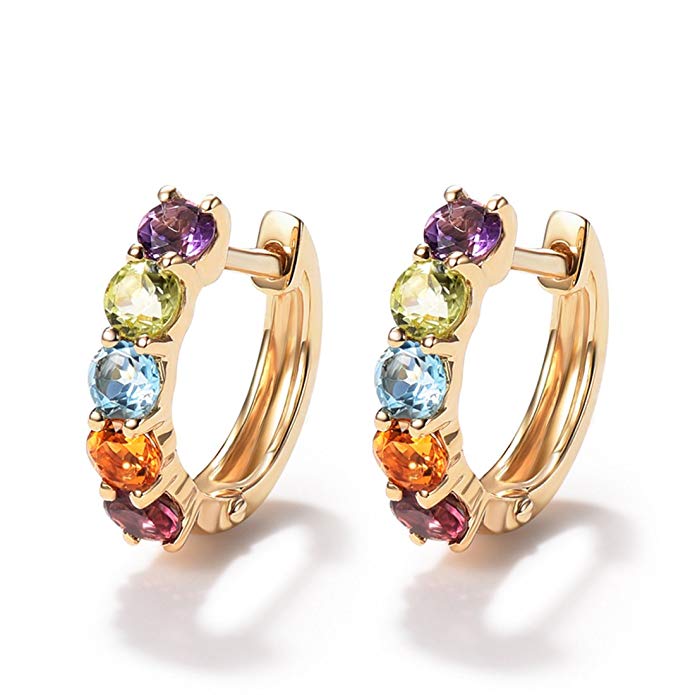 Carleen 14K Solid Yellow Gold Multi Colored Amethyst Peridot Topaz Citrine Garnet Hinged Huggie Hoop Earrings Dainty Delicate Fine Jewelry For Women Girls Diameter 10mm