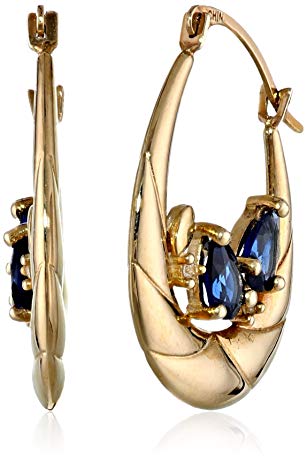 10k Yellow Gold Created Blue and White Sapphire Hoop Earrings