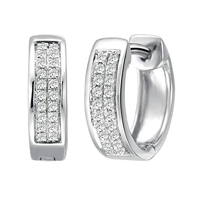 10k White Gold Round Diamond Hoop & Huggies Earrings (0.08 Carat) - IGI Certified