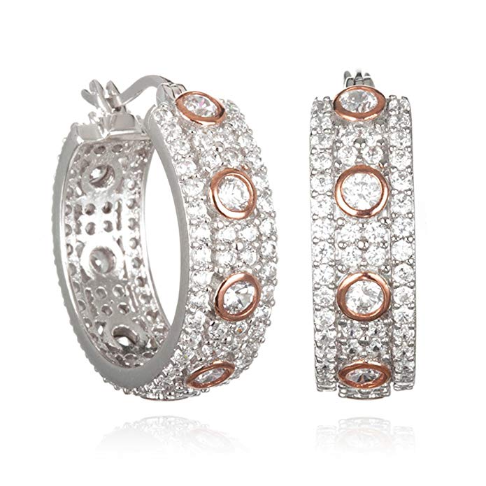 Rhodium and Rose Gold Plated Silver Two Tone White Cz Fancy Hoop Earring