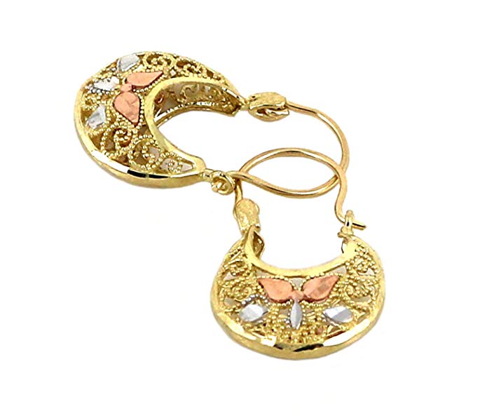 Real 10K Tri Color Yellow, White, Rose Gold Filigree Basket Hoop Earrings, Height = 23mm, Width = 13mm