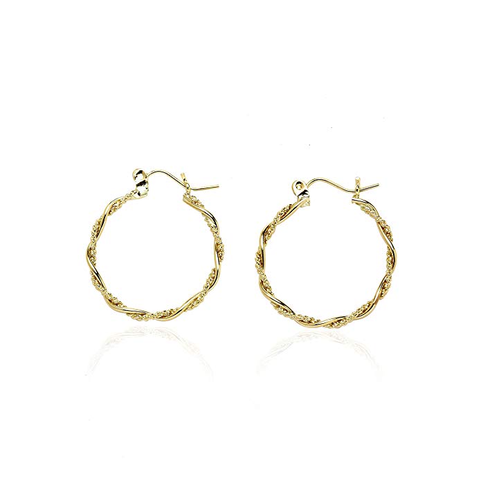 14k Yellow Gold Fancy Twisted Round Hoop Earring in Gift Box for Women and Teen Girls