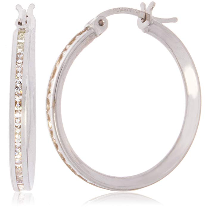 Solid Gold CZ Hoop Earrings 14K White Gold 2.1mm Wide 3/4 Inch in Diameter with 30 Channel Set Petite CZ | 1.3g