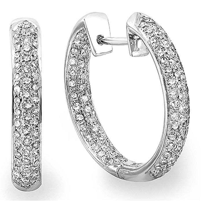 0.70 Carat (ctw) 14K White Gold Round White Diamond Fine In And Out Huggie Hoop Earrings 3/4 CT